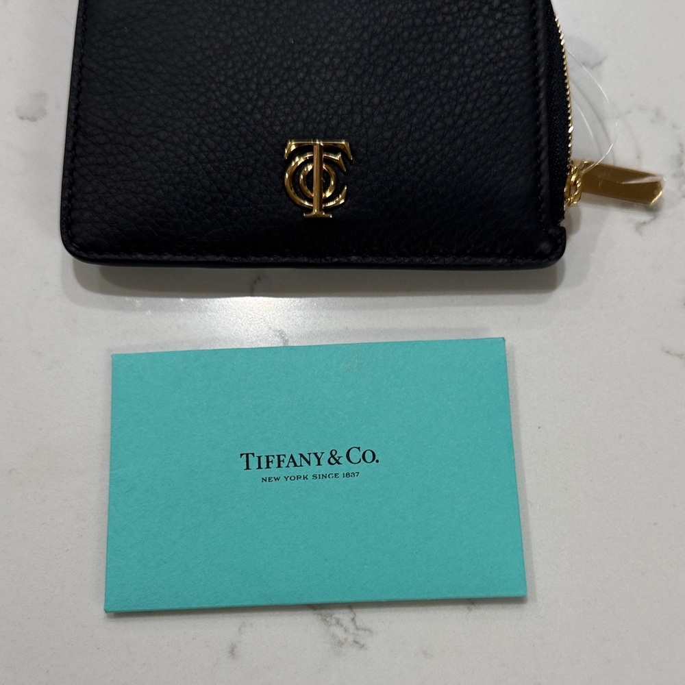 Tiffany & Co. Black Leather Card Holder with Gold Accents